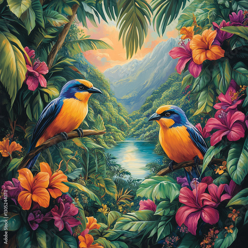 rainforest scene with birds generative AI