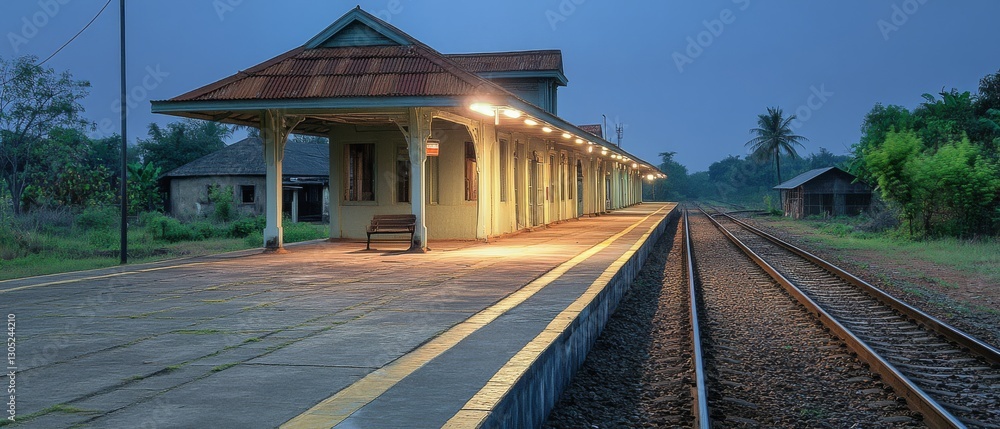 An empty, dimly lit train platform at dusk evokes a sense of nostalgia and anticipation among the tracks and rustic station architecture. An empty, dimly lit train platform at dusk evokes a sense of nostalgia and anticipation among the tracks and rustic station architecture.