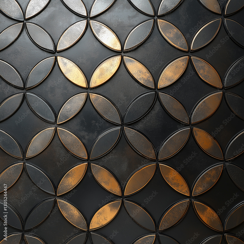 Interlocking circles forming a lattice pattern in metallic silver on a matte black background generative AI Interlocking circles forming a lattice pattern in metallic silver on a matte black background generative AI