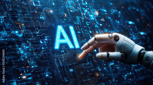 AI A.I. Artificial Intelligence hands pushing button in technology environment