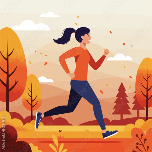 Woman Running in Autumn Landscape for Fitness and Healthy Lifestyle