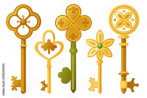 A collection of antique-style golden keys with shamrock engravings, isolated on a white background.
