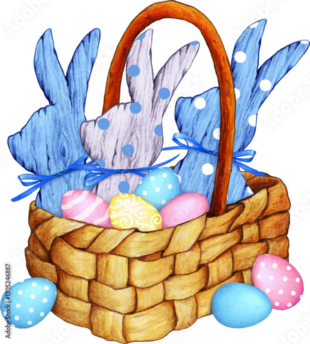 easter decoration with eggs and wooden bunnies