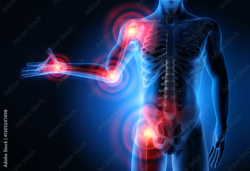 3D Rendering - Severe pain in the joints - Rheumatism and arthrosis 3D Rendering - Severe pain in the joints - Rheumatism and arthrosis