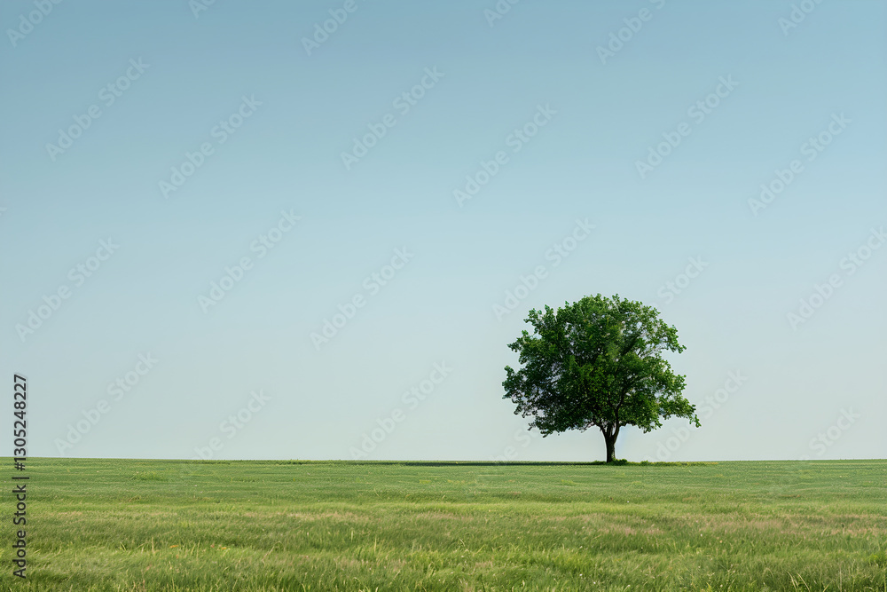 Solitary Tree in Peaceful Open Field Under Clear Sky Solitary Tree in Peaceful Open Field Under Clear Sky
