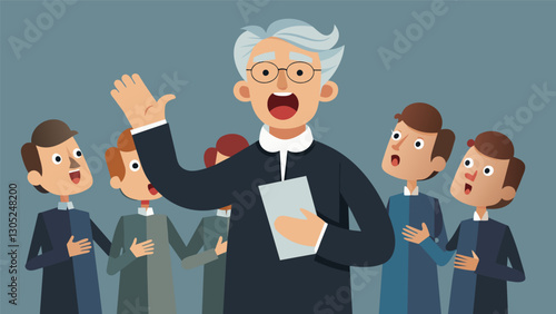 The choir director a grayhaired retiree himself passionately leading the group through a lively gospel song with hand gestures and animated expressions.. Vector illustration