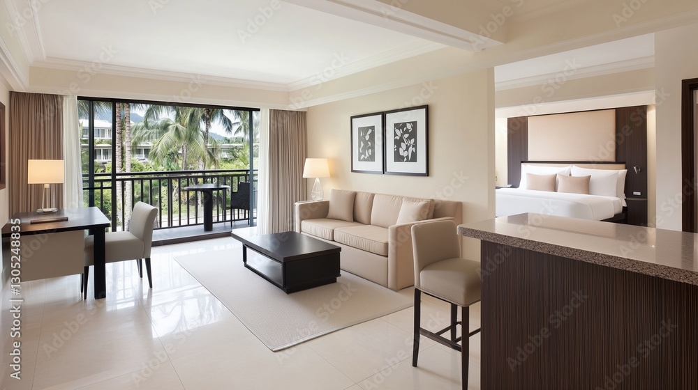 Luxury hotel suite with open-plan living area and tropical view. Elegant travel destination Luxury hotel suite with open-plan living area and tropical view. Elegant travel destination