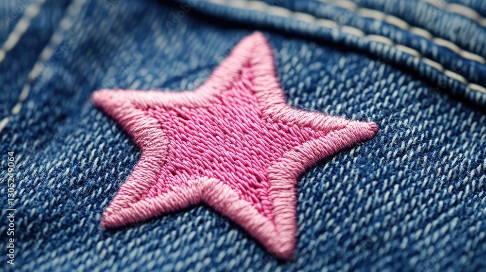 Close-up Image of a Pink Star Embroidery on Denim Fabric Showcasing Textures, Stitching Patterns, and Vibrant Colors for Fashion and Textile Design Use Close-up Image of a Pink Star Embroidery on Denim Fabric Showcasing Textures, Stitching Patterns, and Vibrant Colors for Fashion and Textile Design Use