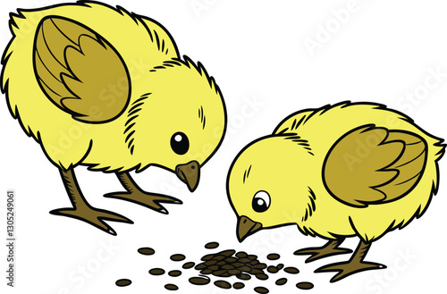 smooth lines, two small yellow chickens pecking grains on the ground 