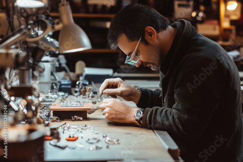 A jeweler crafting a custom piece in a well-lit workshop, craftsmanship