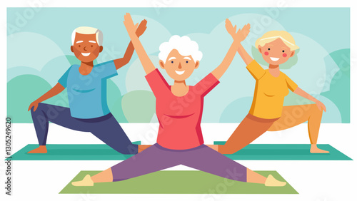 Smiling older adults stretching and breathing in unison during a rejuvenating yoga class at the retirement home.. Vector illustration