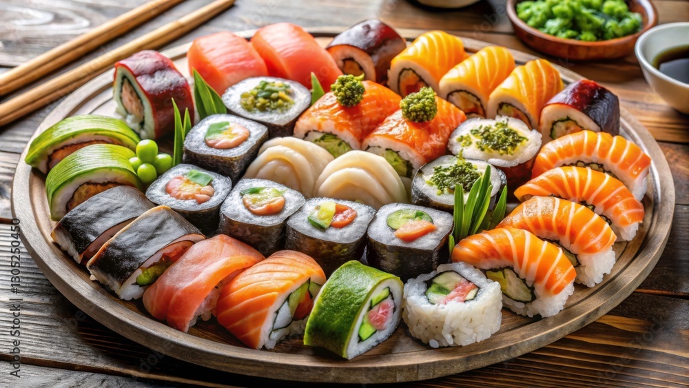 Varied Assortment of Fresh Sushi Rolls and Sashimi on Wooden Plate Varied Assortment of Fresh Sushi Rolls and Sashimi on Wooden Plate