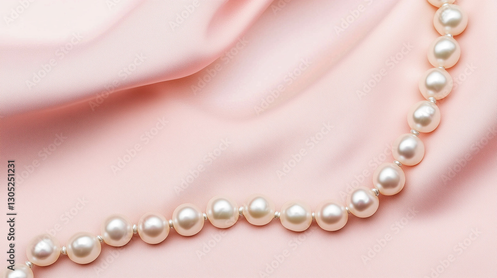 Obraz premium Pearl necklace on the pink fabric with copy space. 