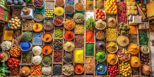 Vibrant Marketplace Display of Fresh Fruits and Bright Spices