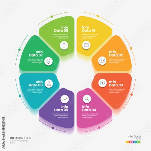 Business minimal Infographics template. 8 steps rounded timeline with options and marketing icons. Vector rounded infographic with eight circle connected elements. Design can be use for presentation.