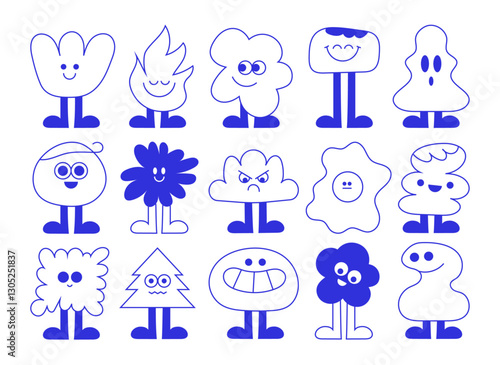 Set of abstract and basic characters with different expressions, emotions. Blue line vector doodle elements. Cartoon drawings.
