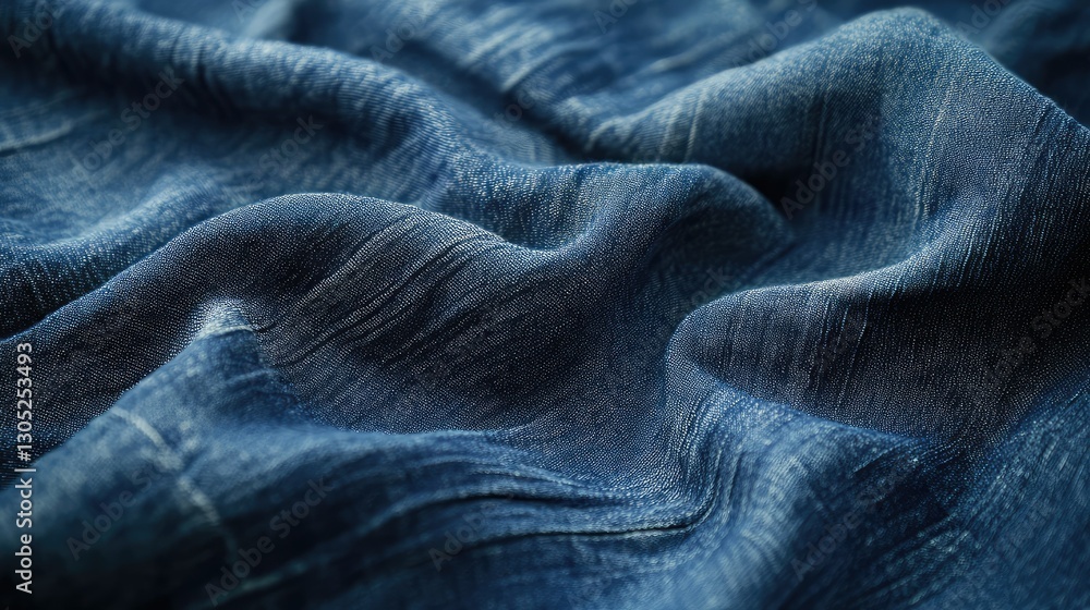 Close-Up View of Soft, Wavy Denim Fabric Highlighting Textured Detail and Rich Color Palette for Fashion and Textile Projects Close-Up View of Soft, Wavy Denim Fabric Highlighting Textured Detail and Rich Color Palette for Fashion and Textile Projects