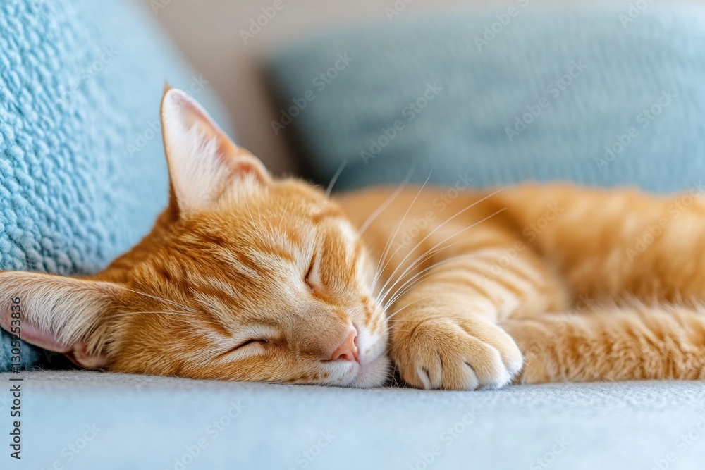 Naklejka premium Mindful Pet Wellness Cozy Ginger Cat Napping in Soft Pastel Comfort - Serene Lifestyle and Emotional Wellbeing in Modern Home Environments
