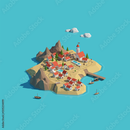 Isometric Island Village Illustration Featuring Coastal Homes and Turquoise Water