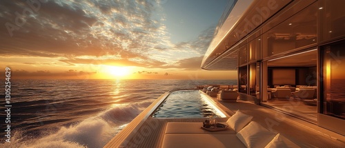 Luxury yacht sunset ocean cruise, pool deck, interior view