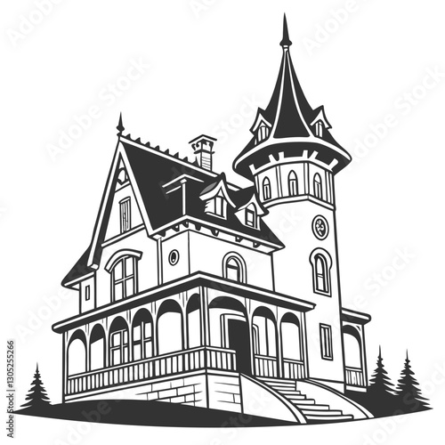 Victorian Gothic House Silhouette Vector Illustration