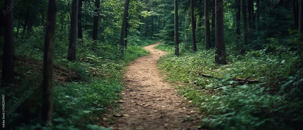 A winding dirt path meanders through a tranquil forest, surrounded by lush greenery and tall trees, inviting peaceful exploration. A winding dirt path meanders through a tranquil forest, surrounded by lush greenery and tall trees, inviting peaceful exploration.