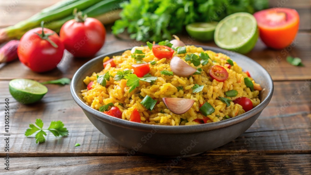 Freshly Prepared Colorful Rice Dish with Herb Garnish and Vegetables Freshly Prepared Colorful Rice Dish with Herb Garnish and Vegetables