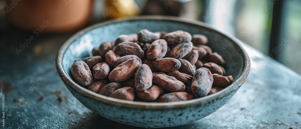 A rustic bowl brimming with cocoa beans rests on a textured surface, inviting indulgence in nature’s rich flavors and textures. A rustic bowl brimming with cocoa beans rests on a textured surface, inviting indulgence in nature’s rich flavors and textures.