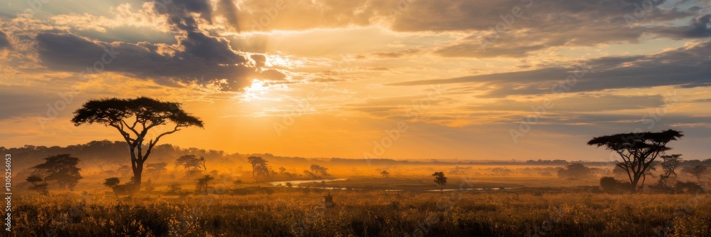 Obraz premium A banner depicting sunrise in the savannah. The sun breaks through the clouds, casting rays.
