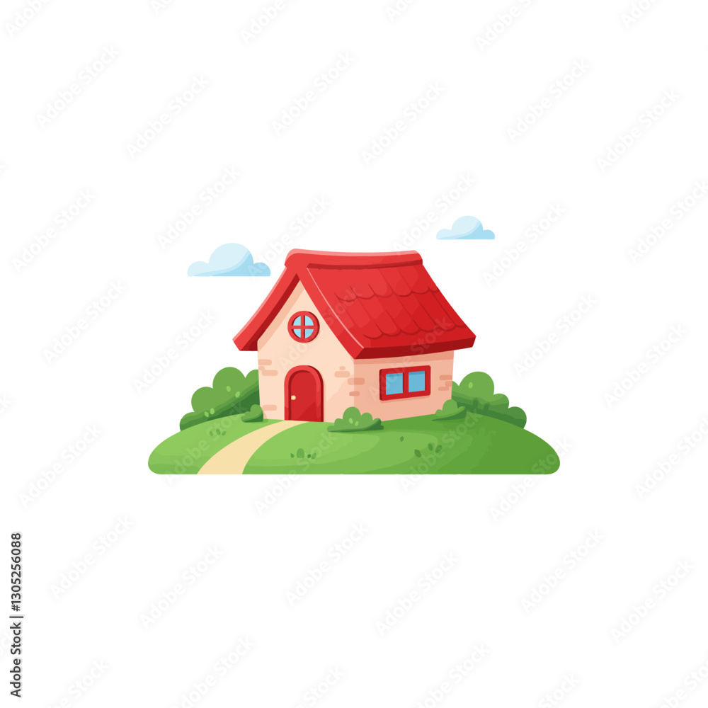 Cute House on Hill Illustration with Path and Cloudy Sky Cute House on Hill Illustration with Path and Cloudy Sky