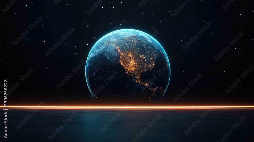 Obraz premium Earth from space with illuminated city lights and glowing horizon. Global connectivity