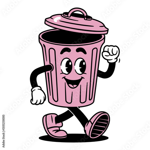 Vector character cartoon trash can with a pink lid and a smiling face