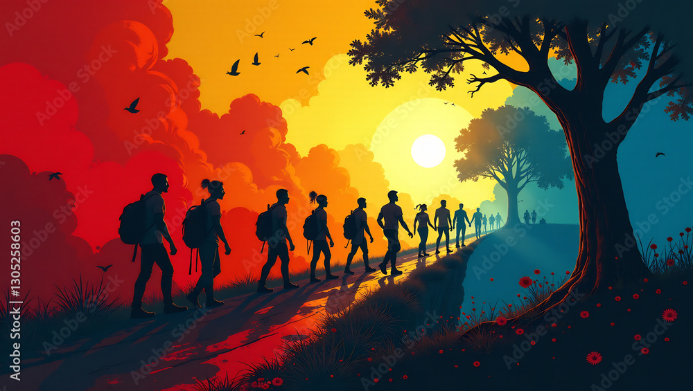 Naklejka premium An abstract image representing the journey from slavery to freedom, using contrasting colors and symbolic shapes.