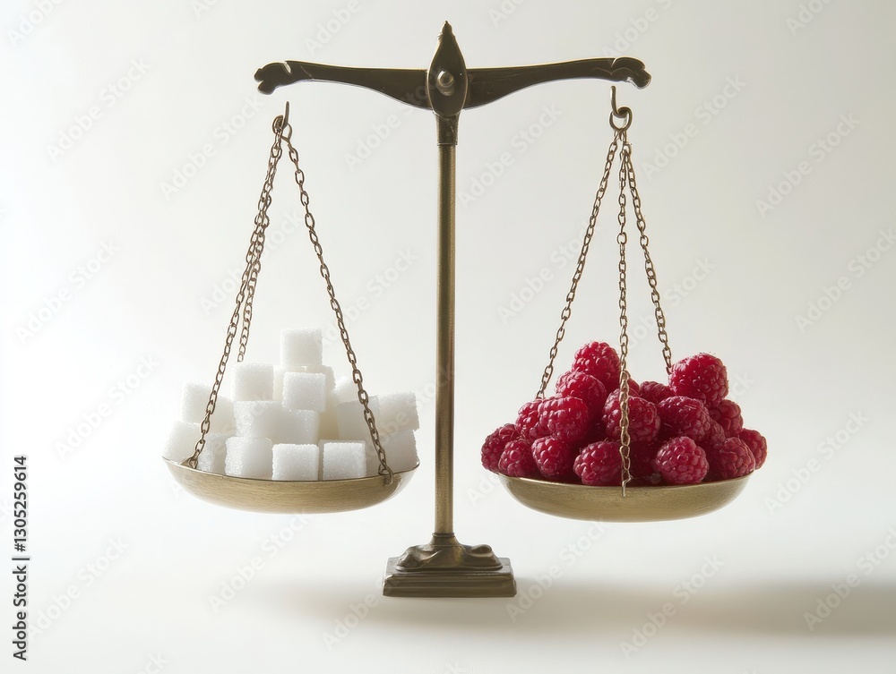 Balancing Sweetness: A Comparison of Sugar Cubes and Fresh Raspberries on an Antique Scale in a Minimalist Setting
