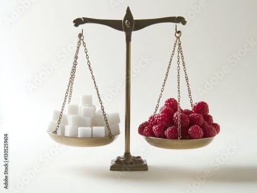 Obraz na płótnie Balancing Sweetness: A Comparison of Sugar Cubes and Fresh Raspberries on an Antique Scale in a Minimalist Setting w salonie