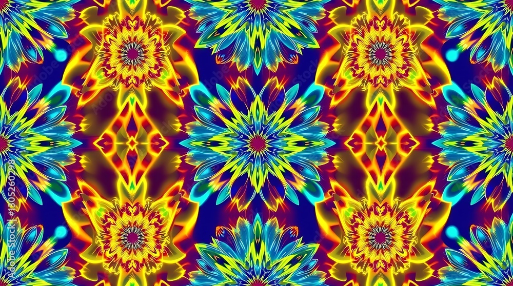 Psychedelic Mandala: A mesmerizing kaleidoscope of vibrant, intricate mandala patterns in a seamless, repeating design, creating a hypnotic visual experience. Psychedelic Mandala: A mesmerizing kaleidoscope of vibrant, intricate mandala patterns in a seamless, repeating design, creating a hypnotic visual experience.