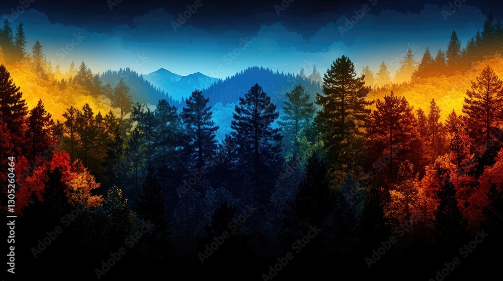 Fototapeta premium Vibrant Autumn Landscape with Pine Trees and Mountain Silhouette
