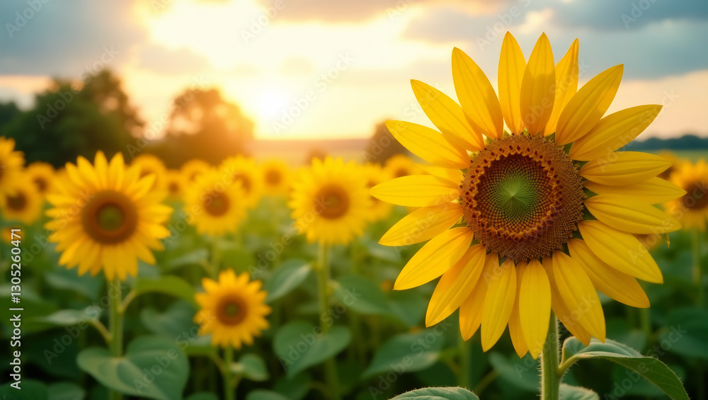 Fototapeta premium A field of sunflowers in full bloom, facing the sun, symbolizing the warmth and energy of summer.