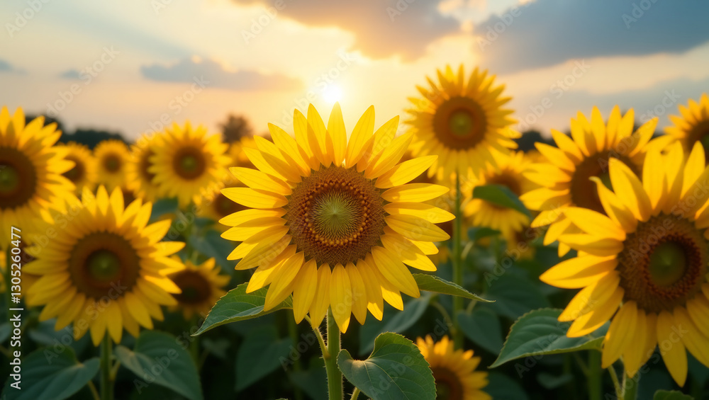 Obraz premium A field of sunflowers in full bloom, facing the sun, symbolizing the warmth and energy of summer.