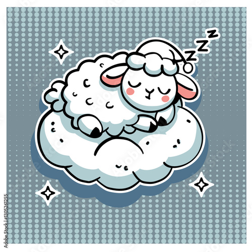 A cute cartoon illustration of a fluffy sheep peacefully sleeping on a cloud, surrounded by dreamy sparkles and a soft blue background.