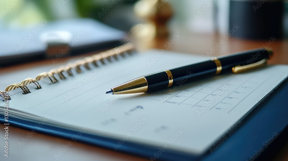 Elegant pen resting on a blank notepad, showcasing a desk setup with soft focus background elements and warm lighting that highlights creativity and productivity in a modern workspace Elegant pen resting on a blank notepad, showcasing a desk setup with soft focus background elements and warm lighting that highlights creativity and productivity in a modern workspace