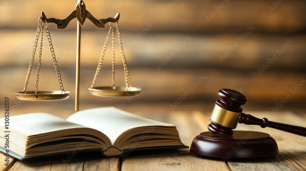 Legal scales, gavel, open book on wooden table Legal scales, gavel, open book on wooden table