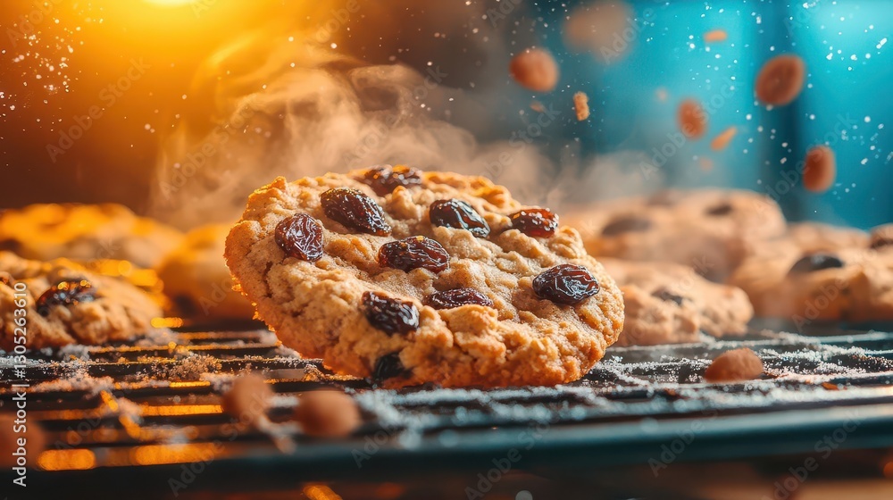 Freshly Baked Oatmeal Raisin Cookie with Steam and Sparking Sugar Freshly Baked Oatmeal Raisin Cookie with Steam and Sparking Sugar