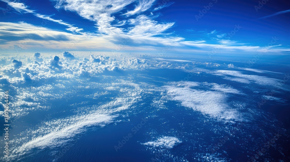 Expansive View of Blue Ocean Waters and Fluffy White Clouds Against a Bright Sky from Above, Capturing the Beauty of Nature and Serenity in a Wide Landscape Expansive View of Blue Ocean Waters and Fluffy White Clouds Against a Bright Sky from Above, Capturing the Beauty of Nature and Serenity in a Wide Landscape