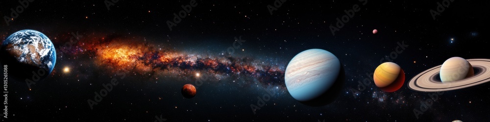 Obraz premium Cosmic Visualization Immersive Deep Space Panorama Exploring Planetary Diversity and Astronomical Wonder for Next-Gen Scientific Communication