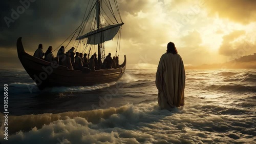 Jesus walking on water during a storm on the sea of galilee towards his disciples in a fishing boat

