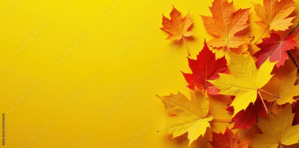 Pile of autumn leaves, yellow and orange hues on yellow backdrop, element, design Pile of autumn leaves, yellow and orange hues on yellow backdrop, element, design