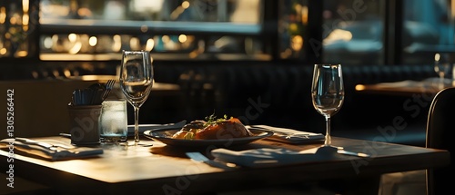 Fototapeta Naklejka Na Ścianę i Meble -  A beautifully presented gourmet meal sitting on a sleek modern table in a contemporary restaurant setting with dramatic cinematic lighting creating a atmosphere