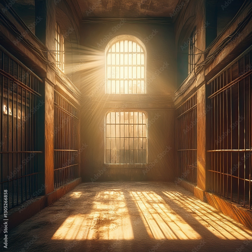 Fototapeta premium old grunge empty abandoned jail cell with sunlight streaming through bars
