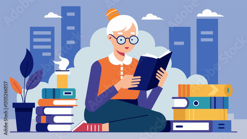 While other workers scroll on their phones during breaks an older woman uses her time to read industryrelated books constantly striving to improve.. Vector illustration